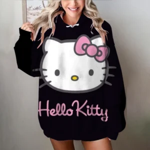 Women's black and white oversized Hello Kitty sweatshirt with long sleeves. Y2K style loose fit pullover top.