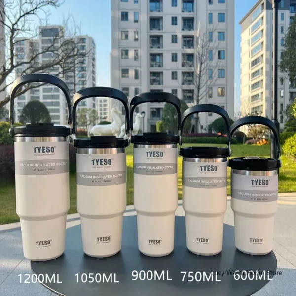 Tyeso vacuum insulated stainless steel travel mug for hot and cold drinks.