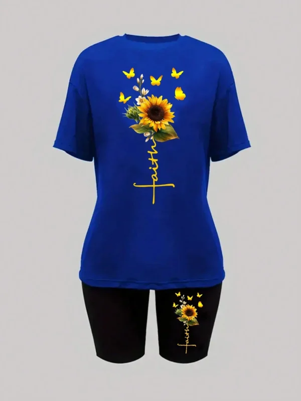 Woman modeling sunflower butterfly print two piece set with short sleeve knit t-shirt and regular fit shorts.