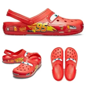 Red waterproof kids clogs featuring Disney Pixar Cars Lightning McQueen character design and pivoting ankle strap.