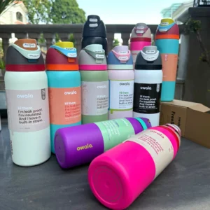 Owala FreeSip 24oz stainless steel water bottle with straw and carry loop.