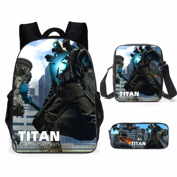 3-piece Skibidi Toilet backpack set for boys with Titan Drillman and Titan Speakerman graphics on durable polyester material.