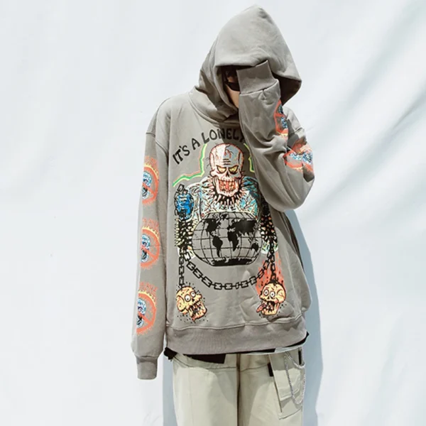 Men's oversized skull graffiti fleece hoodie