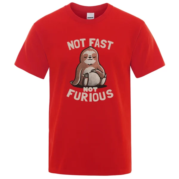 Oversized white cotton t-shirt for men featuring a funny kawaii sloth print and the text "Not Fast Not Furious". ```