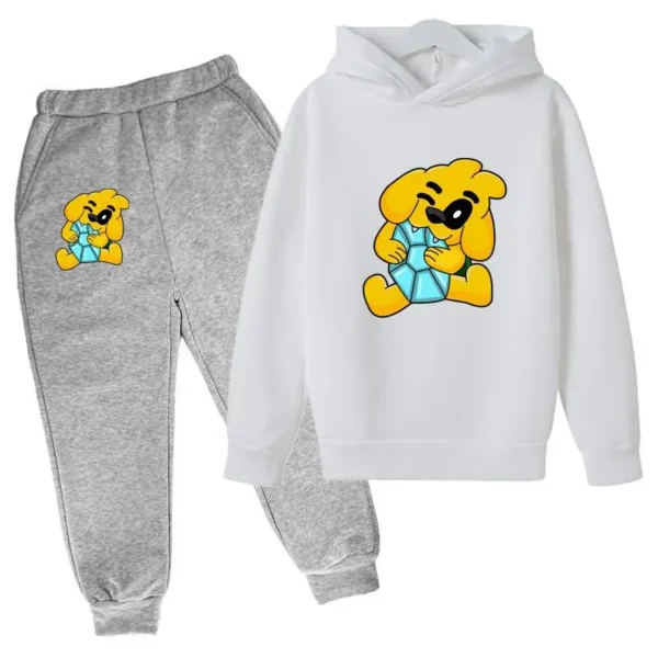 Kids tracksuit set with cute dog print on grey pullover hoodie and matching pants for boys and girls (ages 2-13).