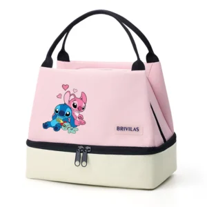 Blue insulated lunch bag featuring Disney Stitch design. Portable Oxford cloth cooler tote for kids and adults.