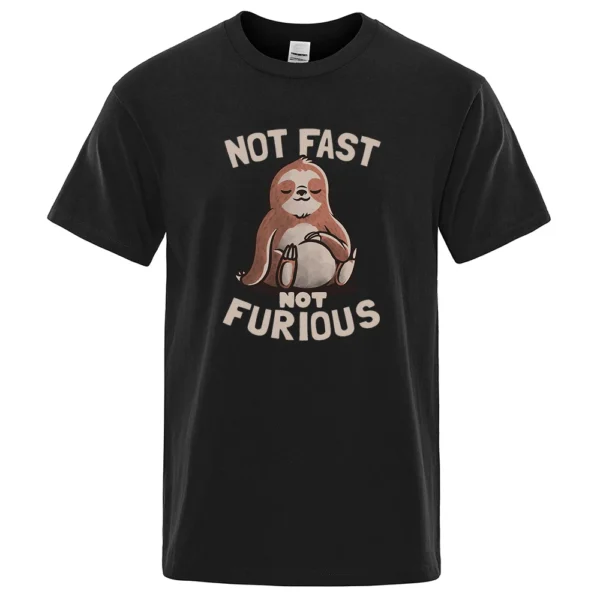 Oversized white cotton t-shirt for men featuring a funny kawaii sloth print and the text "Not Fast Not Furious". ```