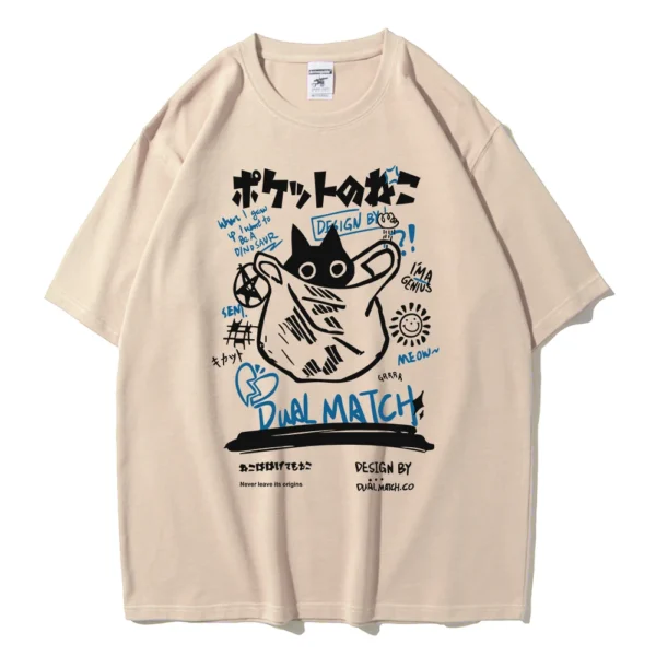 Unisex white t-shirt with large kawaii cartoon cat graphic print on the front