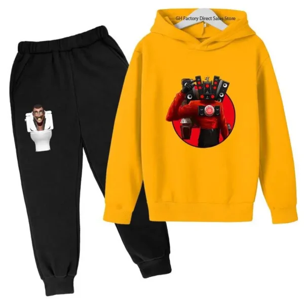 Kids Skibidi Toilet funny cartoon print hoodie and pants tracksuit set (ages 3-13) - front view. ```