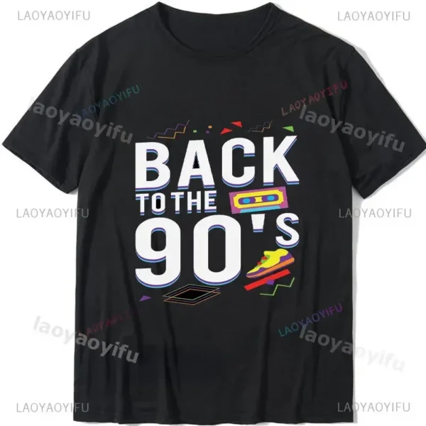 Woman wearing a white 'I Love The 90s / Take Me Back To The 90s' retro graphic tee against a plain background.