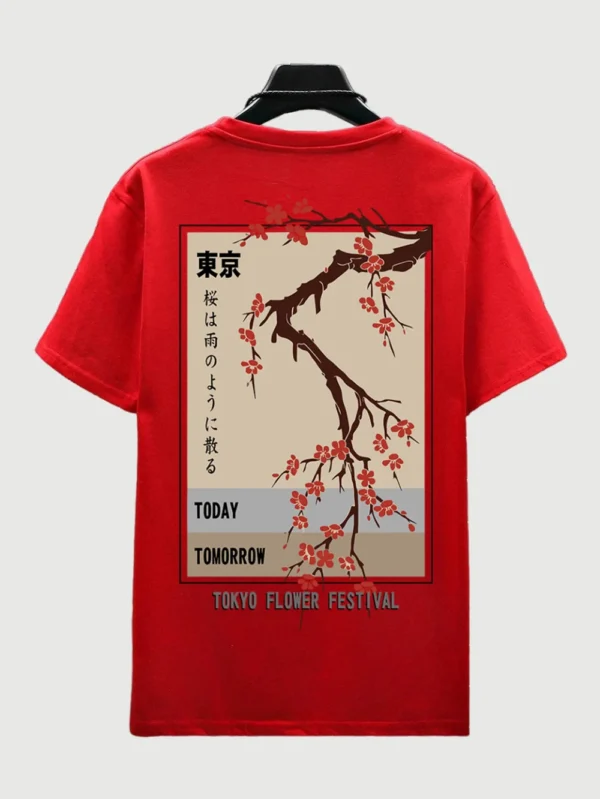 Men's O-neck cotton t-shirt featuring 'Tokyo Flower Festival' graphic print - summer streetwear style.