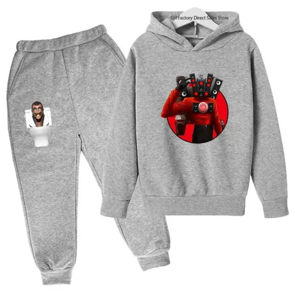 Kids Skibidi Toilet funny cartoon print hoodie and pants tracksuit set (ages 3-13) - front view. ```