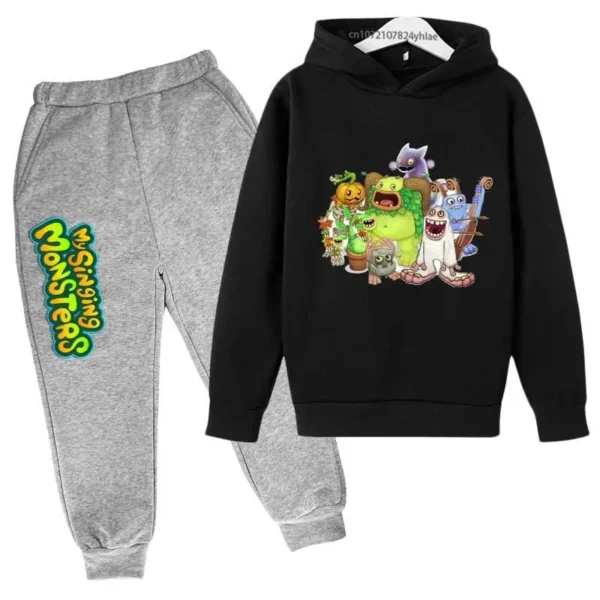 Kids My Singing Monsters tracksuit set featuring character print hoodie and matching pants for boys and girls ages 3-14. ```