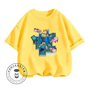 Kids Minecraft summer t-shirt featuring a colorful cartoon print inspired by the game and short sleeves.