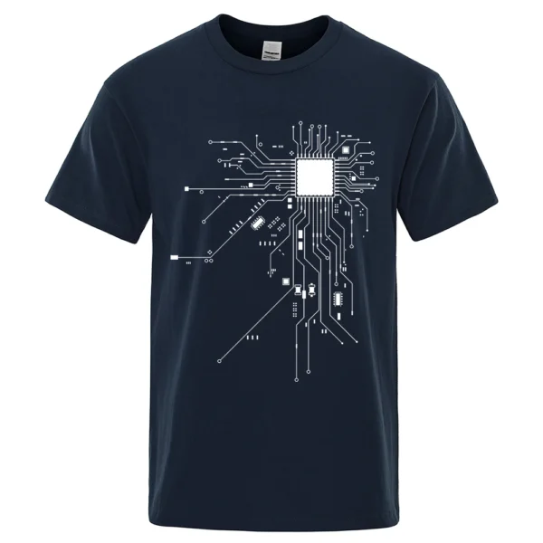 Men's cotton t-shirt featuring a detailed white CPU processor circuit diagram graphic on a dark background.