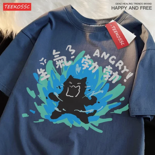 Angry black cat graphic on a short sleeve cotton t-shirt.