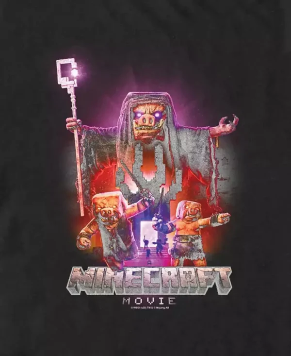 Fifth Sun Men's cotton t-shirt with Minecraft Movie graphic showing Piglins emerging from a Nether portal.
