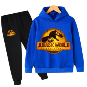 Child wearing fun dinosaur print hoodie and matching pants set - outfit for boys and girls.