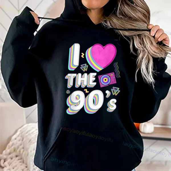 Woman wearing a vibrant neon hoodie with 'Take Me Back To The 90's' graphic print
