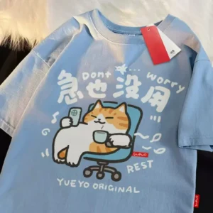 Women's crew neck t-shirt with a fun cartoon cat and letter graphic print