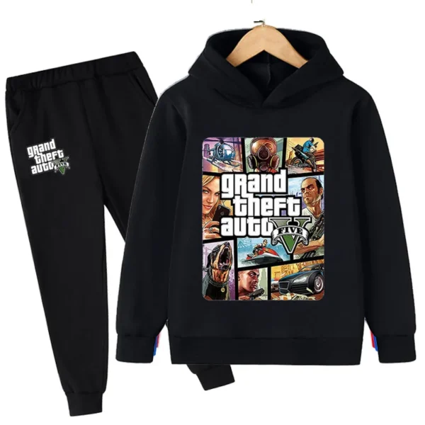 Kids grey hooded sweatshirt and matching joggers set with video game inspired graphic