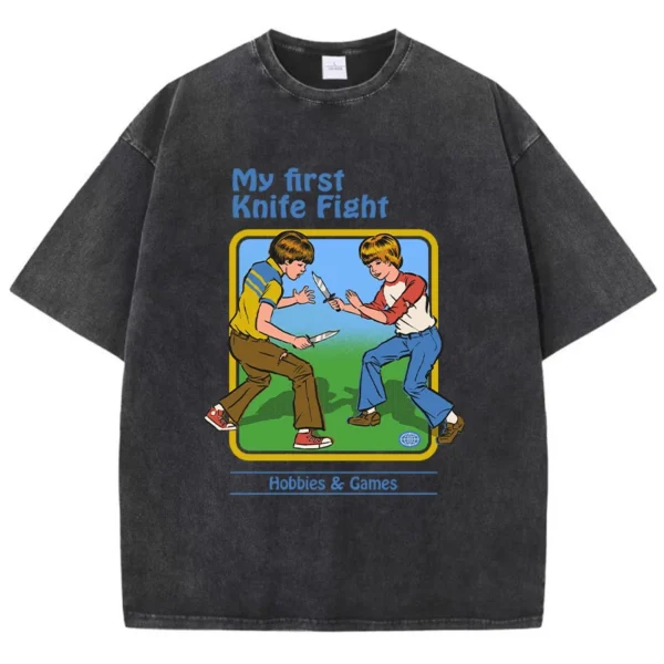 Women's casual streetwear t-shirt with 'My First Knife Fight' cartoon graphic print.