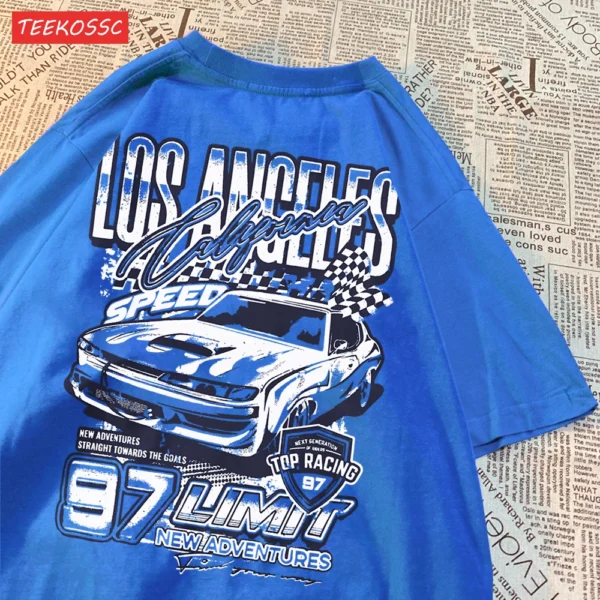 Loose fit t-shirt featuring a vibrant cartoon racing car graphic print.