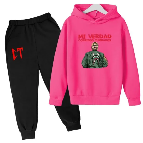 Kids unisex Corridos Tumbados print tracksuit set with pullover hoodie and pants - front view.