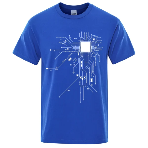 Men's cotton t-shirt featuring a detailed white CPU processor circuit diagram graphic on a dark background.