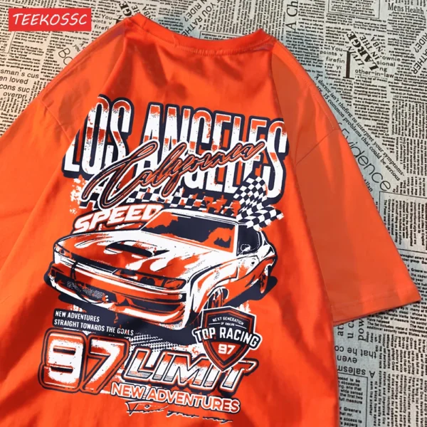 Loose fit t-shirt featuring a vibrant cartoon racing car graphic print.