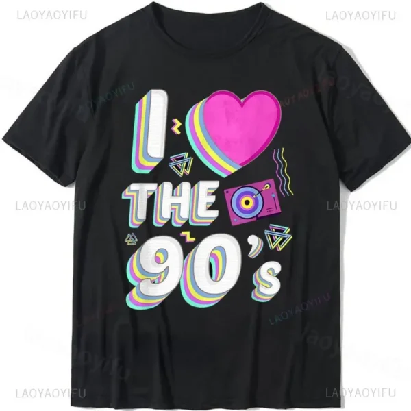 Woman wearing a white 'I Love The 90s / Take Me Back To The 90s' retro graphic tee against a plain background.