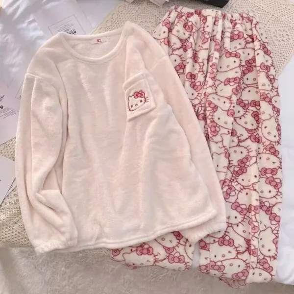 Hello Kitty women's warm winter flannel velvet pajama set - pink Sanrio sleepwear