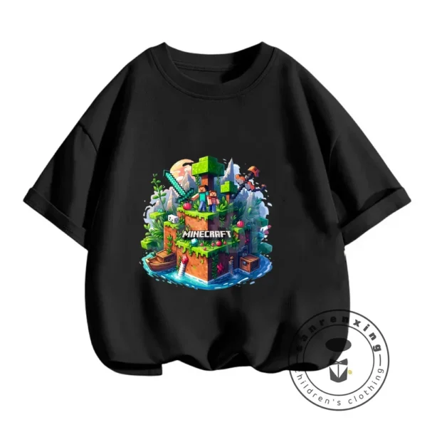 Front view of a boys short-sleeve O-neck t-shirt with a Minecraft graphic print.