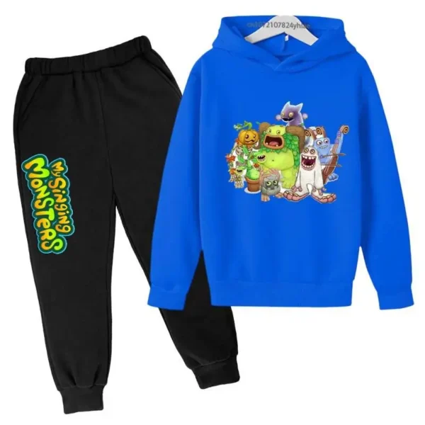 Kids My Singing Monsters tracksuit set featuring character print hoodie and matching pants for boys and girls ages 3-14. ```