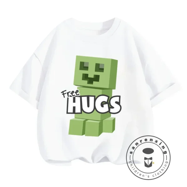 Front view of a boys short-sleeve O-neck t-shirt with a Minecraft graphic print.