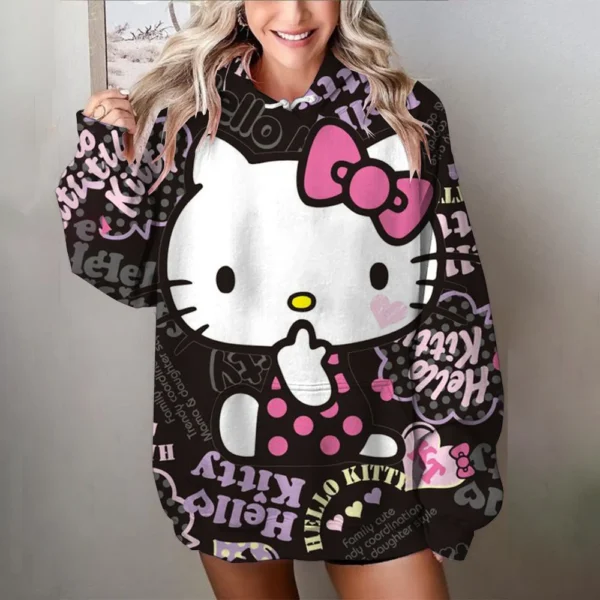 Women's black and white oversized Hello Kitty sweatshirt with long sleeves. Y2K style loose fit pullover top.
