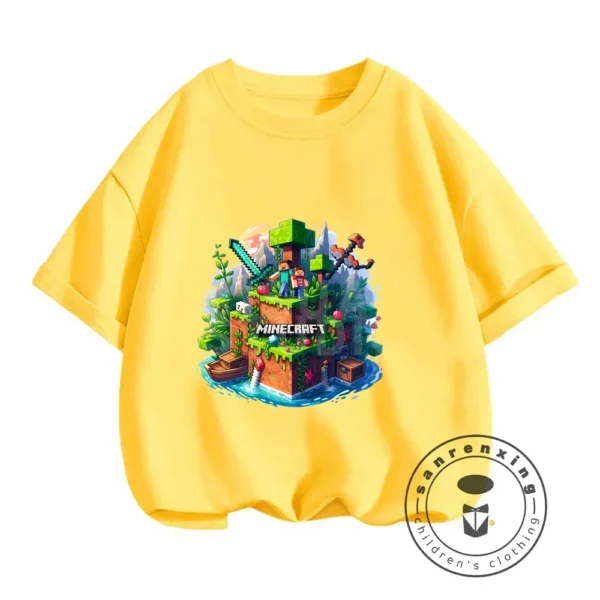 Front view of a boys short-sleeve O-neck t-shirt with a Minecraft graphic print.