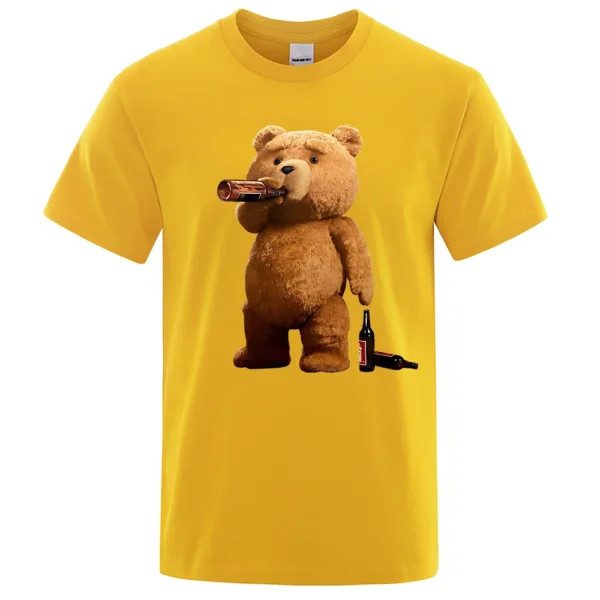 Men's grey casual t-shirt with a funny graphic print showing a cartoon teddy bear drinking a pint of beer.