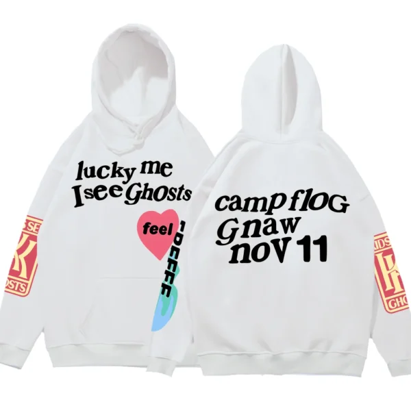 Oversized black fleece hoodie with white 'Luck Me I See Ghosts' graffiti text print on the chest - unisex streetwear style.