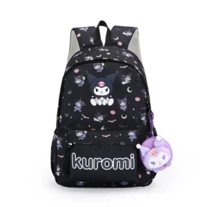 MINISO Kuromi backpack in black nylon with cute anime character design - durable school bag and travel daypack for girls.