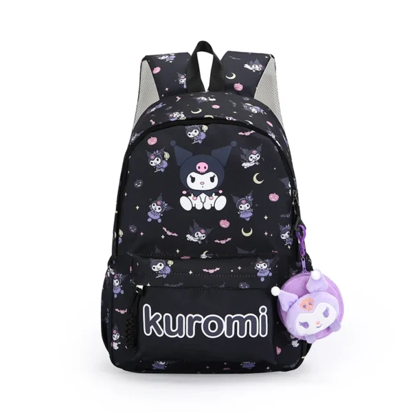 MINISO Kuromi backpack in black nylon with cute anime character design - durable school bag and travel daypack for girls.