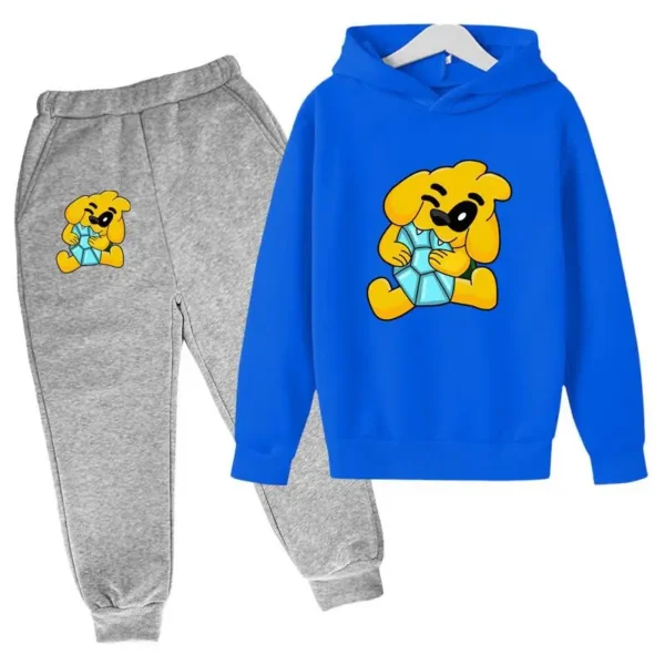 Kids tracksuit set with cute dog print on grey pullover hoodie and matching pants for boys and girls (ages 2-13).