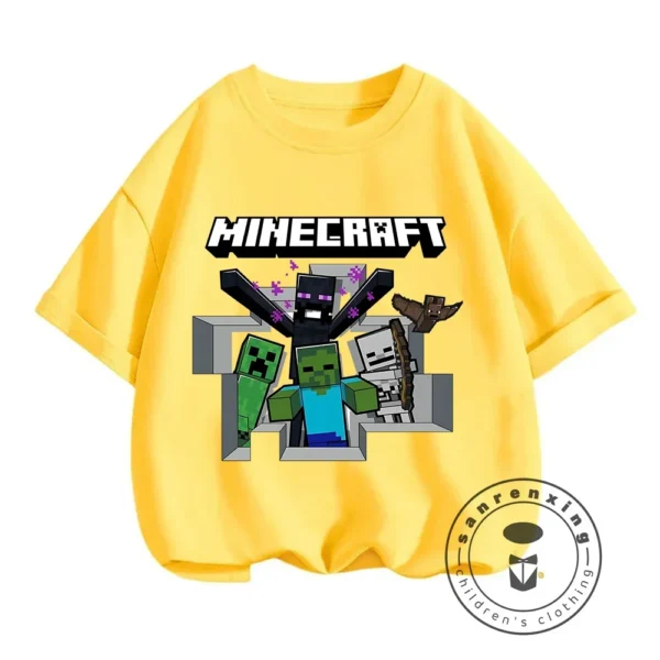 Young boy wearing a blue short-sleeve t-shirt with a large colourful graphic of the Minecraft character CatNap on the front.