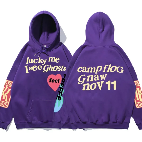 Oversized black fleece hoodie with white 'Luck Me I See Ghosts' graffiti text print on the chest - unisex streetwear style.