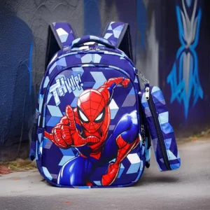 MINISO Spider-Man kids school backpack in blue and red with matching character pencil case attached.