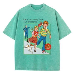 Let's Run Away From Our Problems women's distressed grey graphic t-shirt flat lay.
