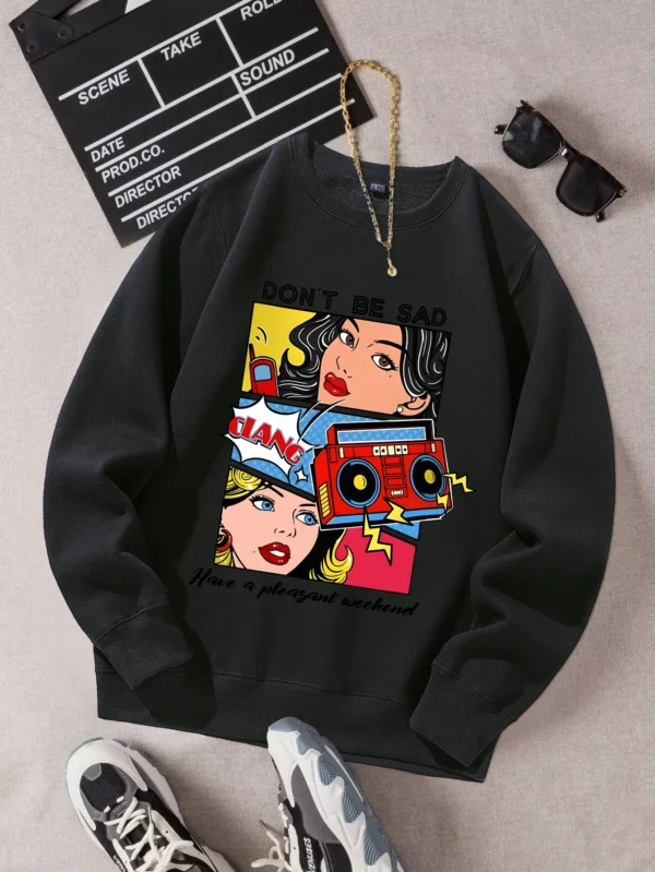 Women's casual warm fleece sweatshirt with a cartoon graphic print.