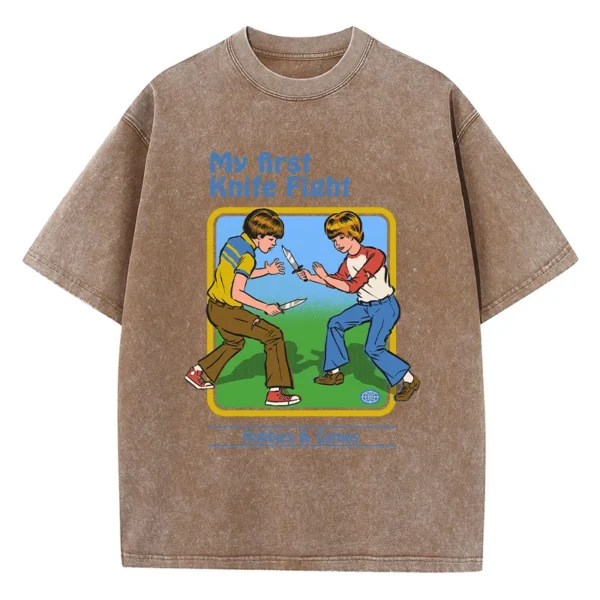 Women's casual streetwear t-shirt with 'My First Knife Fight' cartoon graphic print.