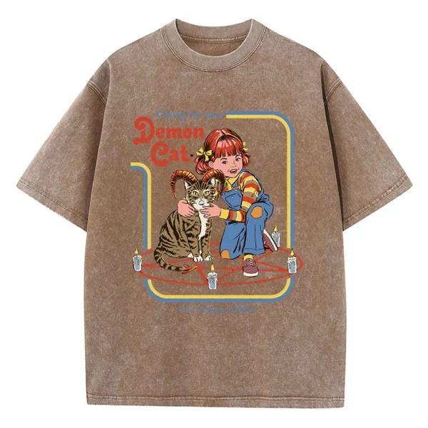 Women's black cotton t-shirt featuring a unique 'Caring For Your Demon Cat' graphic print - streetwear style.