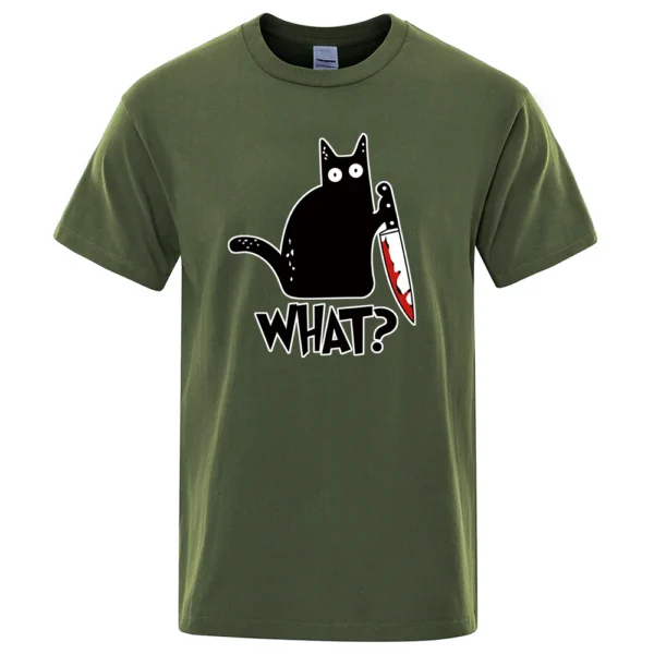 Men's black cotton t-shirt displaying a funny cartoon graphic of a white cat holding a small knife.
